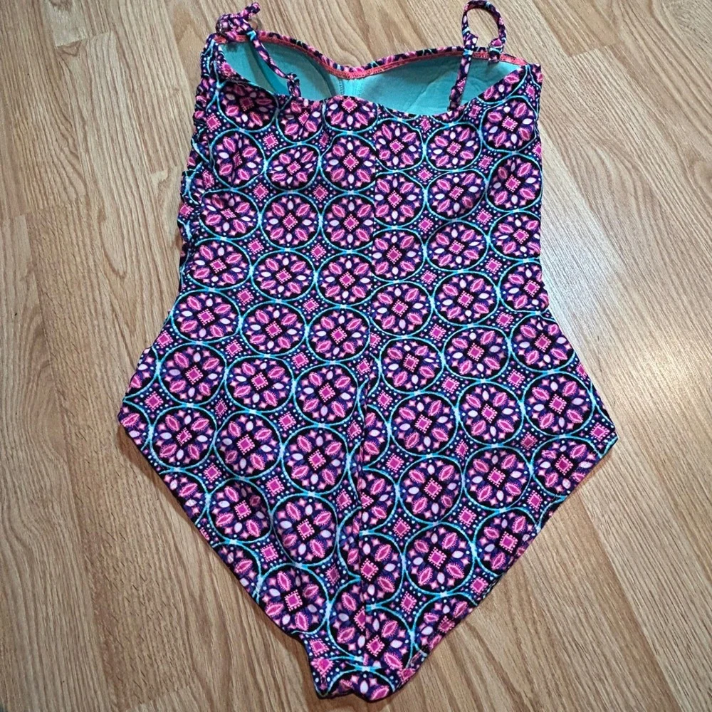 Catalina Womens XL Pink Blue Geometric Medallion Ruched One‎ Piece Swimsuit